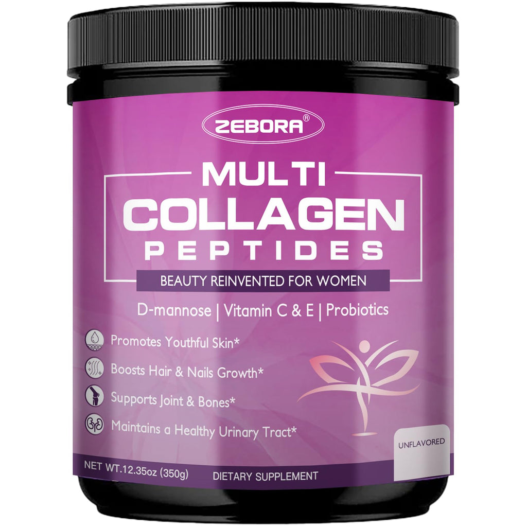 ZEBORA Multi Collagen Peptides Powder for Women – Hydrolyzed Collagen Peptides with D-Mannose & Womens Probiotics – Supports Skin Hair Nails and Urinary Tract Health Unflavored 35 Servings